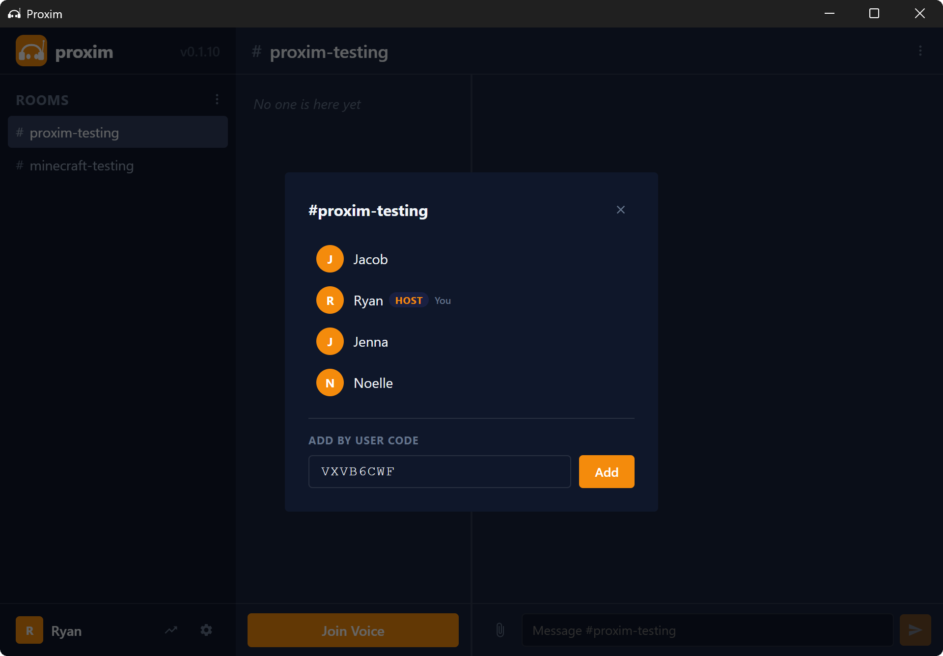 Proxim room dialog showing participants and an Add by user code field