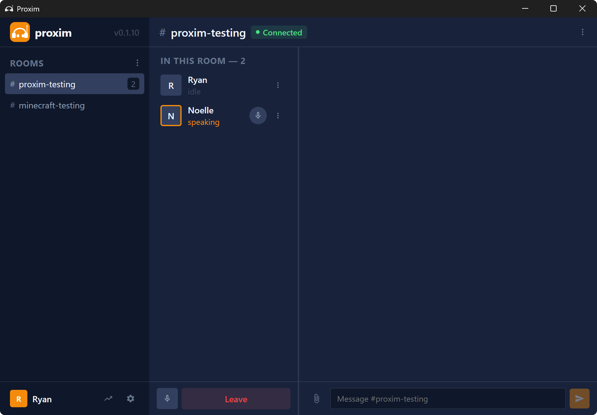 Proxim app showing a connected voice room with two participants