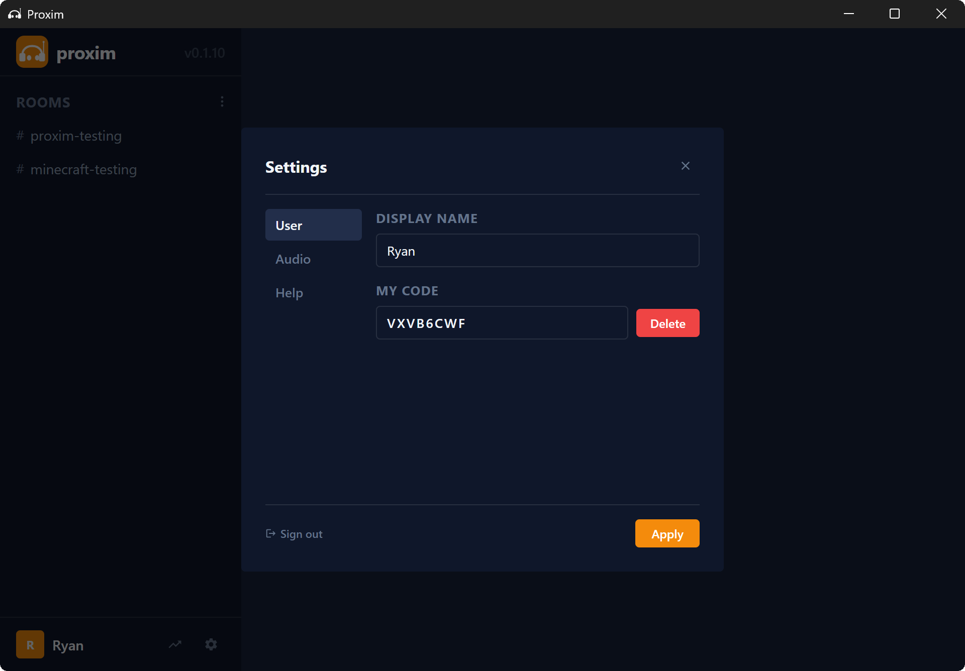 Proxim settings panel showing the user join code